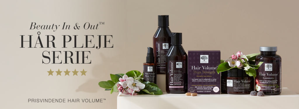Banner med New Nordic Hair Volume™-serien til Beauty In & Out-hårpleje, der kombinerer kosttilskud og hårpleje til stærkere, sundere hår.