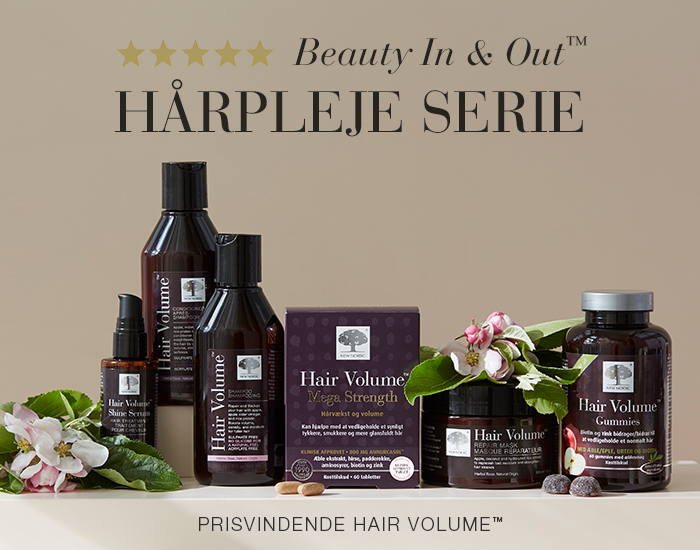 Banner med New Nordic Hair Volume™-serien til Beauty In & Out-hårpleje, der kombinerer kosttilskud og hårpleje til stærkere, sundere hår.