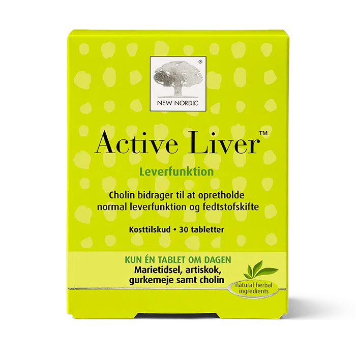 di_webpackshot_active_liver_30_dk New Nordic Active Liver™-tabletter med marietidsel og gurkemeje bidrager til at understøtte en normal leverfunktion og fedtstofskifte.
