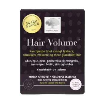 New Nordic Hair Volume™-tabletter med æbleekstrakt, der bidrager til at opretholde normalt hår samt en sund hud og sunde negle. Produktet er udviklet til daglig hårpleje og næring indefra.