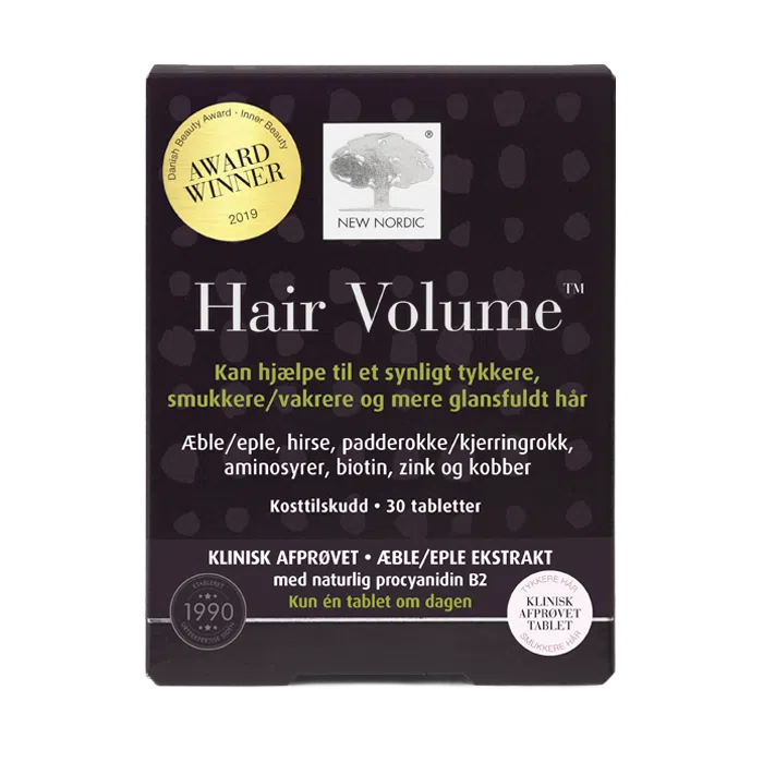 Home 5 New Nordic Hair Volume™-tabletter med æbleekstrakt, der bidrager til at opretholde normalt hår samt en sund hud og sunde negle. Produktet er udviklet til daglig hårpleje og næring indefra.