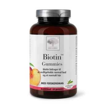 New Nordic Biotin™-gummier med ferskensmag bidrager til at opretholde normal hud, normalt hår og et normalt stofskifte.