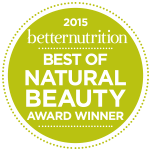 Prismærke for »Best of Natural Beauty Award Winner 2015« fra Better Nutrition, udformet i et grønt, cirkulært design.