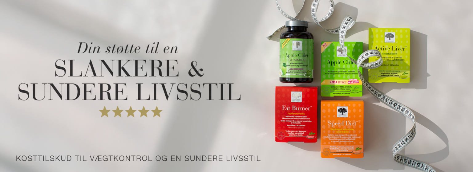 Banner med New Nordic Apple Cider Gummies™, Apple Cider™, Active Liver™, Fat Burner™ og SpeedDiet™ samt målebånd og teksten "Din støtte til en slankere og sundere livsstil".