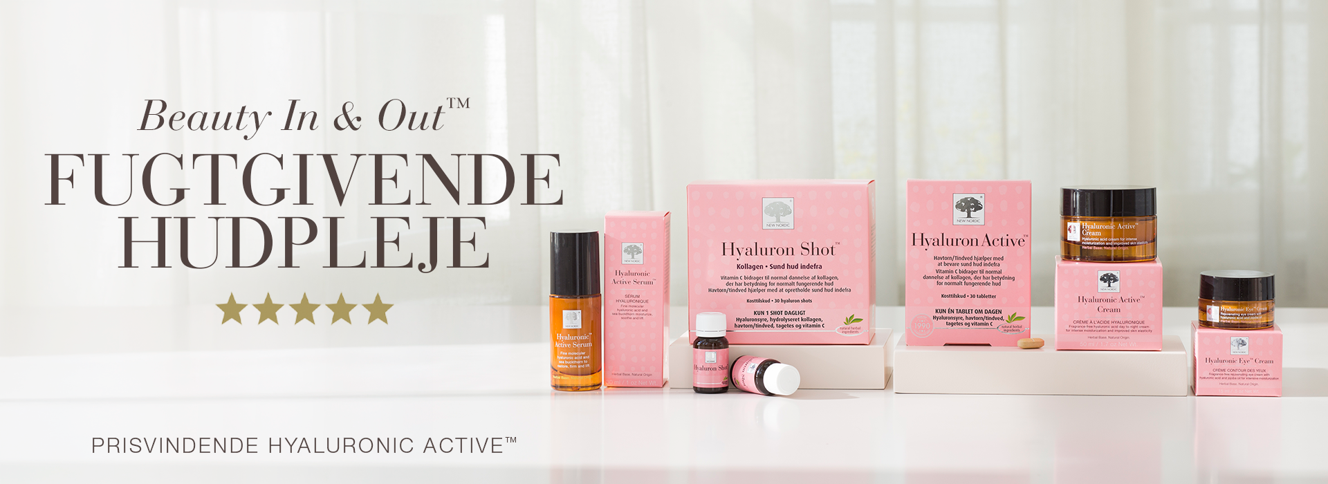 Banner med New Nordic Hyaluronic Active™-serien til Beauty In & Out-hudpleje, der kombinerer kosttilskud og hudpleje til fugtgivende pleje.