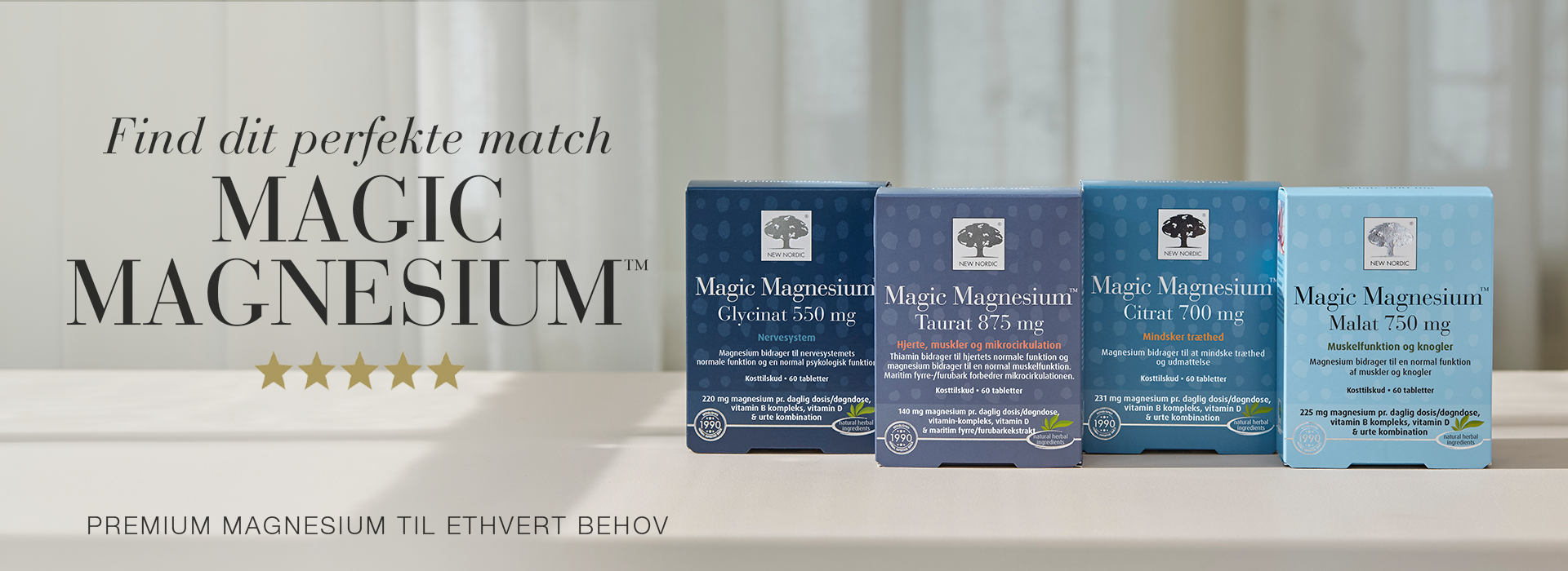 Banner med New Nordic Magic Magnesium™-serien og teksten "Find dit perfekte match" samt fire magnesiumprodukter til forskellige behov.
