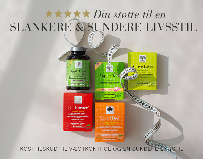 Banner med New Nordic Apple Cider Gummies™, Apple Cider™, Active Liver™, Fat Burner™ og SpeedDiet™ samt målebånd og teksten "Din støtte til en slankere og sundere livsstil".
