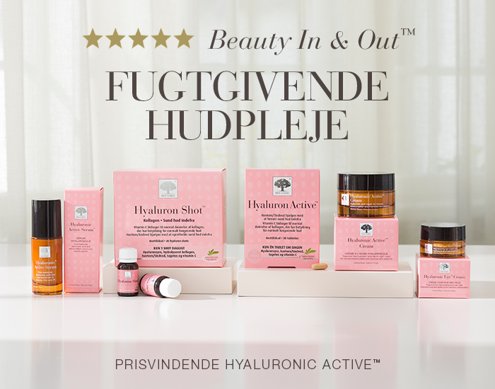Banner med New Nordic Hyaluronic Active™-serien til Beauty In & Out-hudpleje, der kombinerer kosttilskud og hudpleje til fugtgivende pleje.