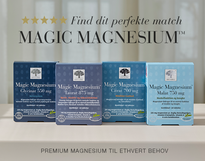 Banner med New Nordic Magic Magnesium™-serien og teksten "Find dit perfekte match" samt fire magnesiumprodukter til forskellige behov.