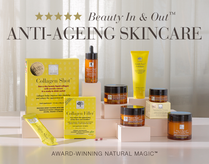 Serien af nye nordiske anti-aging-hudplejeprodukter med teksten »Beauty In and Out™ Anti-aging skincare«.
