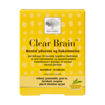 New Nordic Clear Brain™ med valnød, granatæble, grøn te, fyrrebark, B-vitaminer og jod bidrager til normale kognitive funktioner såsom hukommelse og opmærksomhed samt normal mental ydeevne.