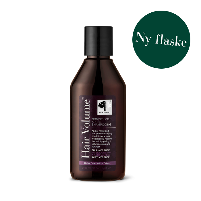New Nordic Hair Volume™ Conditioner i ny flaske. Balsam med æble, hirse og risprotein, udviklet til at give håret volumen, blødhed og glans.
