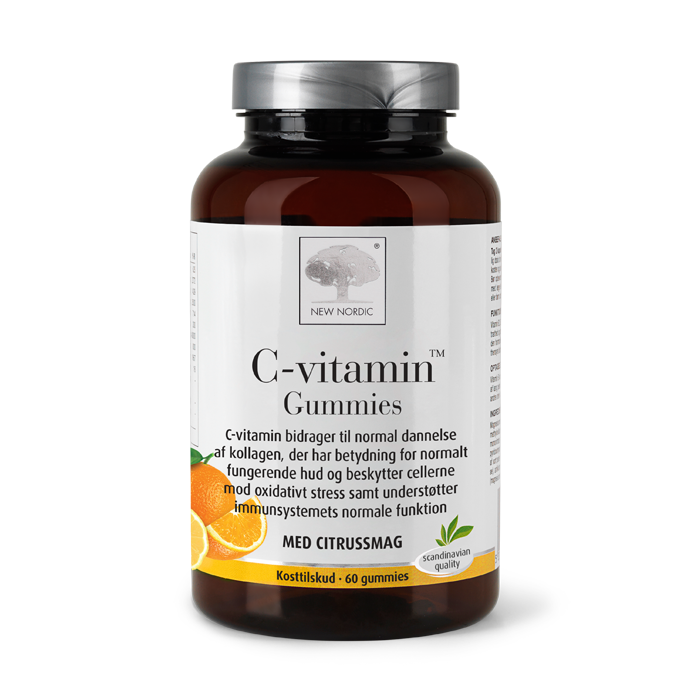 di_webpackshot_cvitaminGUMMIES_60_dk_front New Nordic C-vitamin Gummies™ med citrussmag bidrager til normal dannelse af kollagen, beskytter cellerne mod oxidativt stress og understøtter immunsystemets normale funktion.