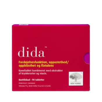 New Nordic Dida™ kosttilskud med kanel, pebermynte og fennikel, der fremmer fordøjelsen og lindrer oppustethed og luft i maven.