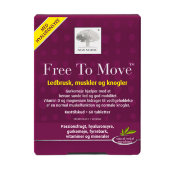 New Nordic Free To Move™ kosttilskud med hyaluronsyre, gurkemeje, vitaminer og mineraler, udviklet til at understøtte ledbrusk, muskler, knogler og bevægelighed.