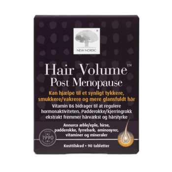 New Nordic Hair Volume™-tabletter til kvinder efter overgangsalderen hjælper med at bevare et fyldigere og mere glansfuldt hår takket være æbleekstrakt, B-vitaminer, zink, biotin og padderokke.