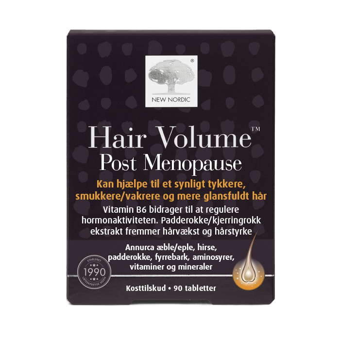di_webpackshot_hairvolume_menopause_90_dk New Nordic Hair Volume™-tabletter til kvinder efter overgangsalderen hjælper med at bevare et fyldigere og mere glansfuldt hår takket være æbleekstrakt, B-vitaminer, zink, biotin og padderokke.