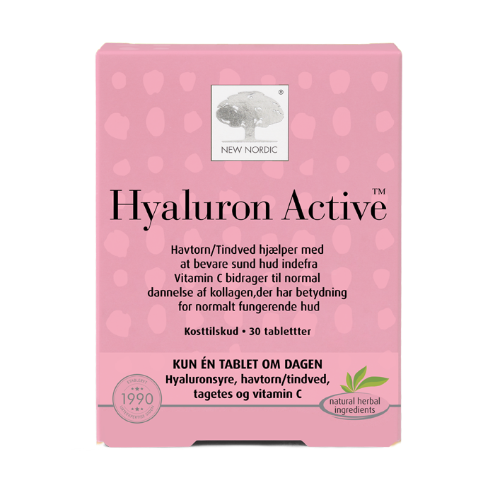 di_webpackshot_hyaluronactive_dk New Nordic Hyaluron Active™, der indeholder havtorn og vitamin C, som bidrager til normal dannelse af kollagen for normalt fungerende hud.