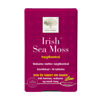 New Nordic Irish Sea Moss™ med irsk havmos, wakame og norsk tang, hvor wakame understøtter vægtkontrol, vist på lyserød produktemballage.