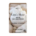 New Nordic Lion’s Mane™ med 600 mg løvehale-ekstrakt, afbildet på emballagen med et nærbillede af den hvide løvehale-svamp.