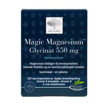 New Nordic Magic Magnesium Glycinat 550 mg™ med magnesium, B-vitaminer, D-vitamin og urter, hvor magnesium bidrager til nervesystemets normale funktion og en normal psykisk funktion.