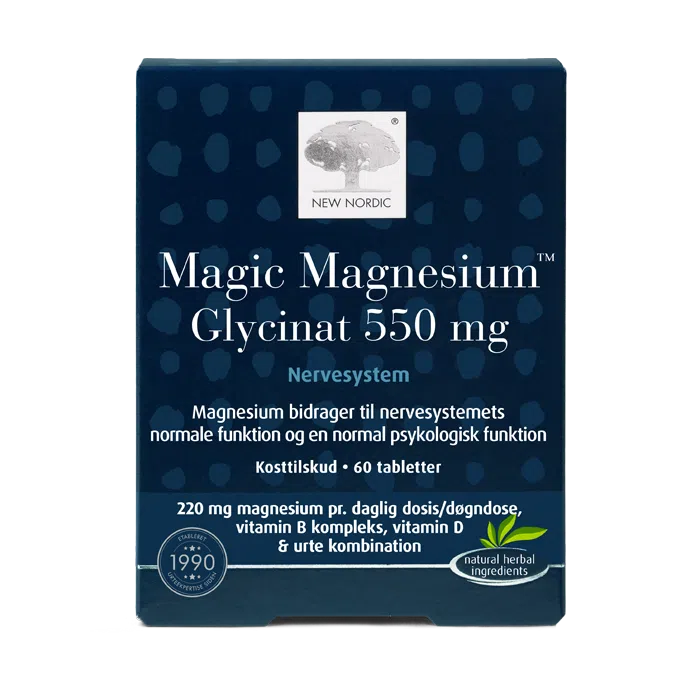 Home 3 New Nordic Magic Magnesium Glycinat 550 mg™ med magnesium, B-vitaminer, D-vitamin og urter, hvor magnesium bidrager til nervesystemets normale funktion og en normal psykisk funktion.