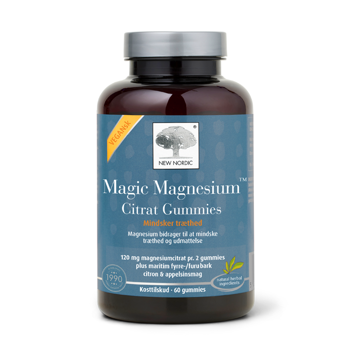 di_webpackshot_magnesium_glycinateGUMMIES_60_dk New Nordic Magic Magnesium Citrat Gummies™ med magnesiumcitrat og bark fra kystnær fyrretræ, hvor magnesium bidrager til at mindske træthed og udmattelse.