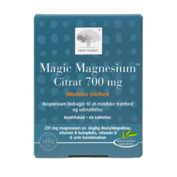 New Nordic Magic Magnesium Citrat 700 mg™ med magnesium, B-vitaminer, D-vitamin og urter, hvor magnesium bidrager til at mindske træthed og udmattelse.