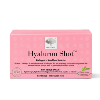 New Nordic Hyaluronic Shot™, som hjælper med at bevare hudens fugtighed og elasticitet samt mindske synligheden af rynker med hyaluronsyre, kollagen, lutein og havtorn.