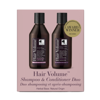 Hair Volume™ Shampoo & Conditioner Duo med shampoo og balsam, vist på produktemballagen med et »Award Winner«-mærke.