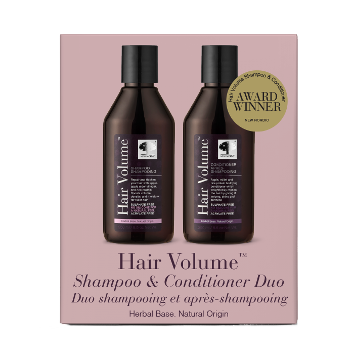 i_webpackshot_hairvolume_kombi_duo_pack_new Hair Volume™ Shampoo & Conditioner Duo med shampoo og balsam, vist på produktemballagen med et »Award Winner«-mærke.