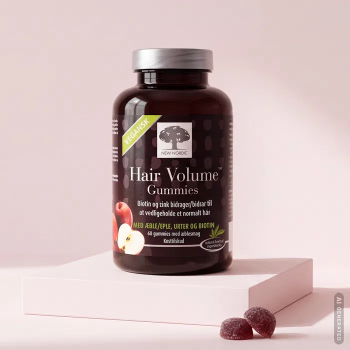 tiles_hairvolume_gummies_dk_260917_gallery_01 En dåse med Hair Volume gummies på en lyserød platform med 2 gummies foran.
