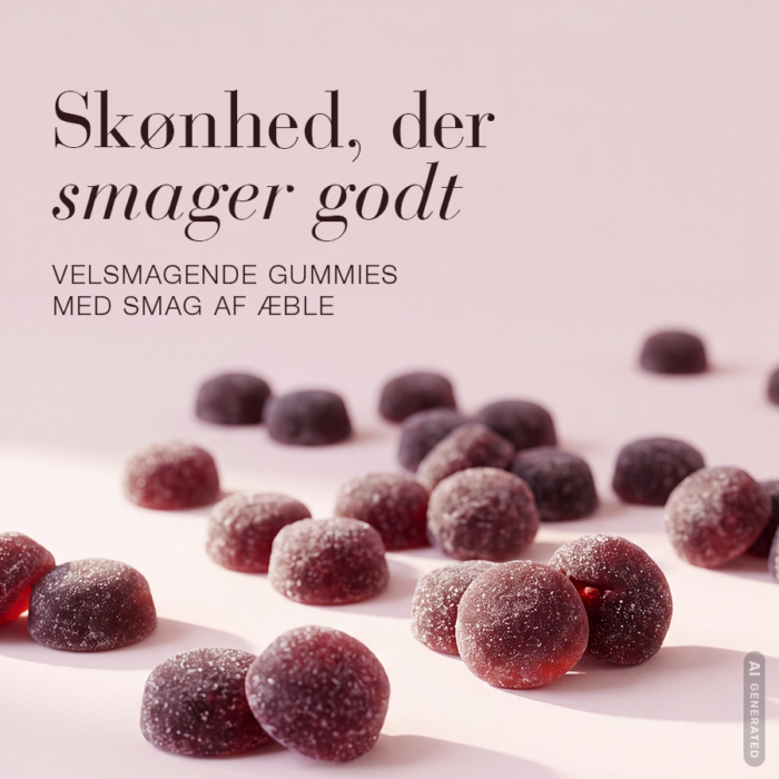 En masse dine små velsmagende gummies liggende på en lyserød baggrund med overskriften: Skønhed, der smager godt