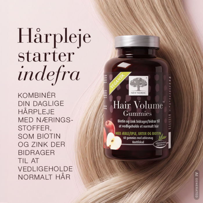 Vores velsmagende Hair Volume gummies på en baggrund af smukt glansfuldt hår og overskriften: Hårpleje starter indefra