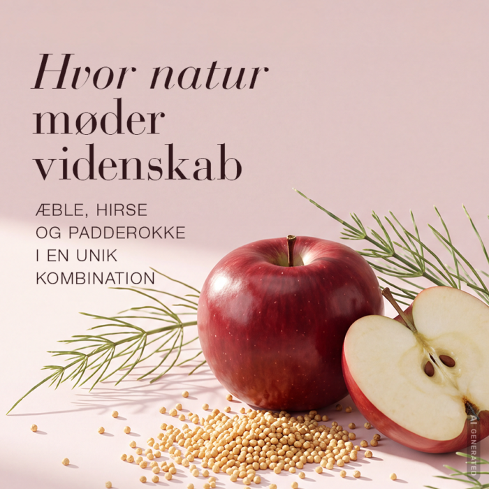 Overskrift: Hvor natur møder videnskab på en baggrund med æbler, padderokke og hirsefrø