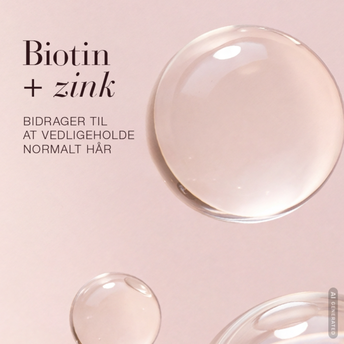 Billede af nogle dråber på en lyserød baggrund med overskriften: Biotin + Zink bidrager til at vedligeholde normalt hår
