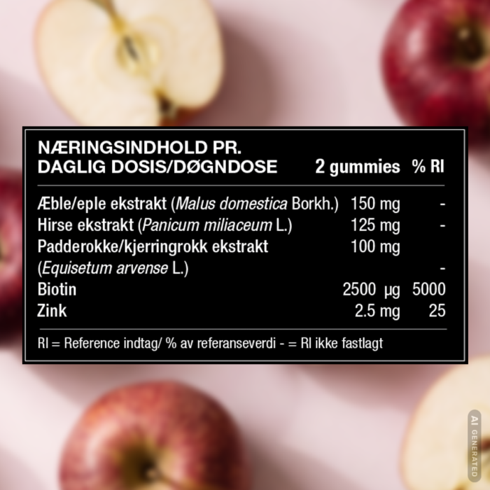 Etiketten på vores Hair Volume Gummies på en baggrund af æbler