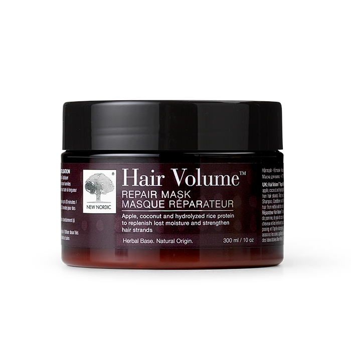 web_packshot_HAIR_volume_mask_DK New Nordic Hair Volume™ Repair Mask, der nærer og styrker håret i dybden med æble, kokos og risprotein. Hårmaske udviklet til at gøre håret blødt, glansfuldt og velplejet.