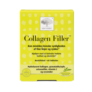 New Nordic Collagen Filler™ med hydrolyseret kollagen, granatæble, astaxanthin, C-vitamin og ceramider kan mindske synligheden af fine linjer og rynker samt bidrage til at forbedre hudens fasthed og elasticitet.