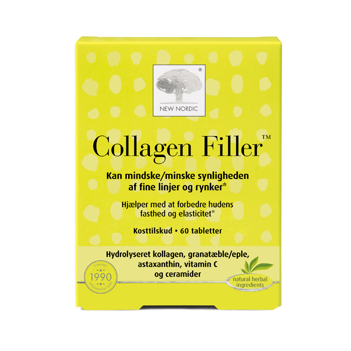 web_packshot_collagenfiller_60_DKNO_NEW New Nordic Collagen Filler™ med hydrolyseret kollagen, granatæble, astaxanthin, C-vitamin og ceramider kan mindske synligheden af fine linjer og rynker samt bidrage til at forbedre hudens fasthed og elasticitet.