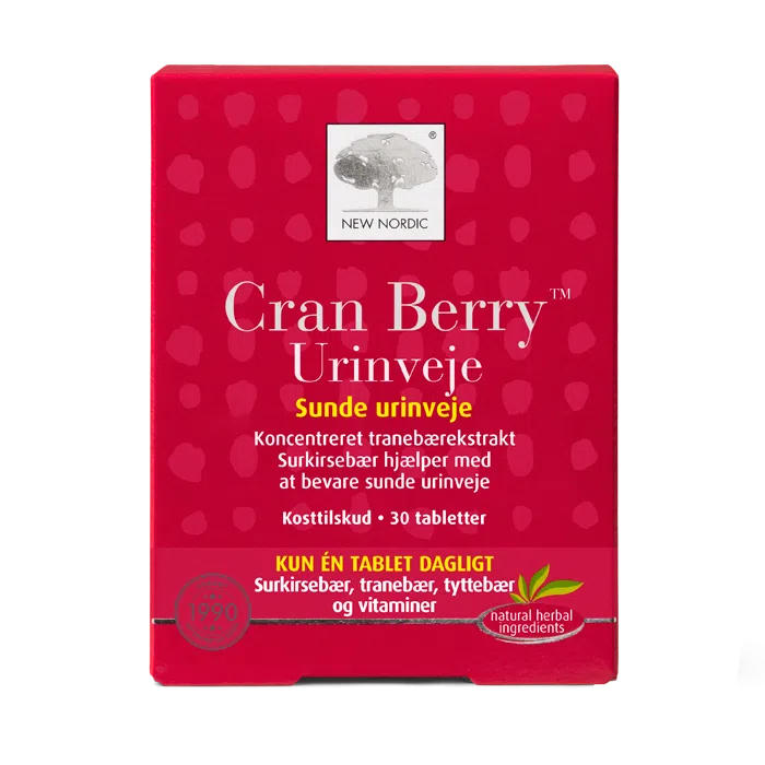 web_packshot_cranberry_30_DKNO New Nordic Cran Berry Urinveje™ med koncentreret tranebærekstrakt. Surkirsebær bidrager til at opretholde sunde urinveje.