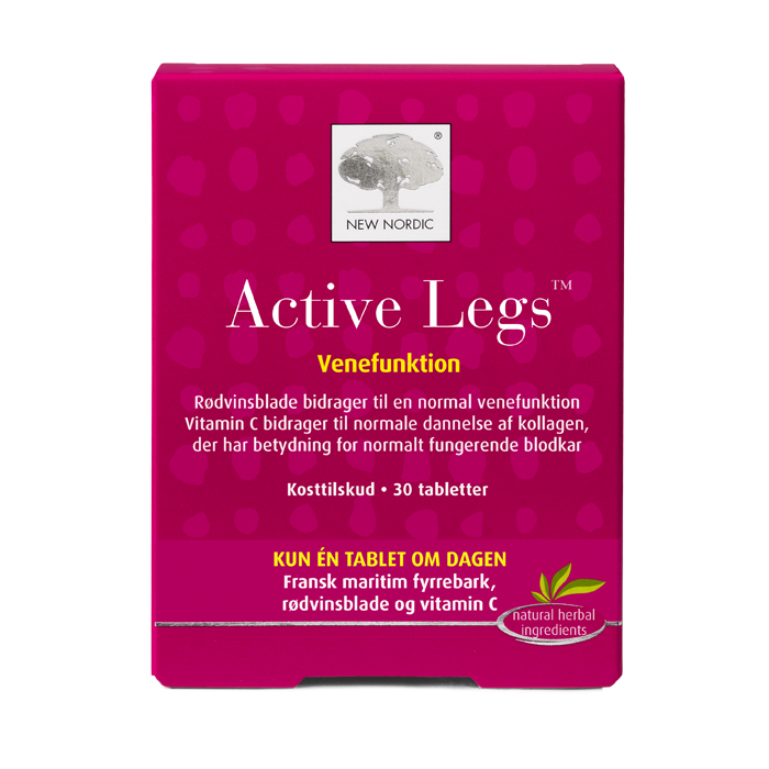 di_webpackshot_active_legs_30_DK_NEW De nye Nordic Active Legs™-tabletter med røde vinblade, fyrrebark og C-vitamin bidrager til at opretholde sunde vener og blodkar samt mindske trætte og tunge ben.