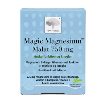 New Nordic Magic Magnesium Malat 750 mg™ med magnesium, B-vitaminer, D-vitamin og urter, hvor magnesium bidrager til normal muskelfunktion og opretholdelse af normale knogler.