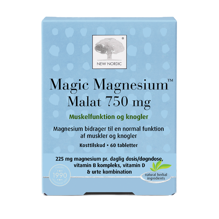 di_webpackshot_magnesiummalat_60_dk New Nordic Magic Magnesium Malat 750 mg™ med magnesium, B-vitaminer, D-vitamin og urter, hvor magnesium bidrager til normal muskelfunktion og opretholdelse af normale knogler.