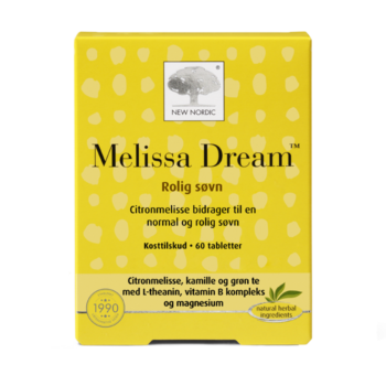 New Nordic Melissa Dream™ med citronmelisse, kamille, grøn te, L-theanin, magnesium og B-vitaminer, hvor citronmelisse bidrager til en normal og rolig søvn.