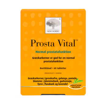 New Nordic Prosta Vital™ med græskarkerner, galanga, gurkemeje og planteekstrakter, hvor græskarkernerne bidrager til en normal prostatafunktion.
