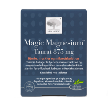 New Nordic Magic Magnesium Taurat 875 mg™ med magnesium, thiamin, D-vitamin og bark fra kystnær fyrretræ, hvor magnesium bidrager til normal muskelfunktion, og thiamin bidrager til hjertets normale funktion.