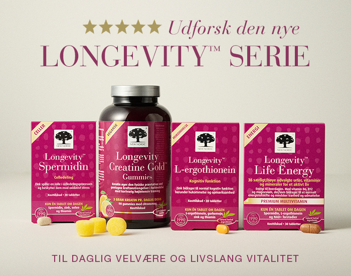 Banner med Longevity-serien fra New Nordic, herunder Spermidin™, Creatine Gold™, L-ergothionein™ og Life Energy™, udviklet til daglig velvære og livslang vitalitet.