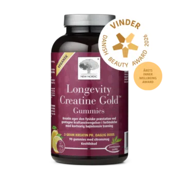 New Nordic Longevity Creatine Gold™ Gummies med kreatin, som øger den fysiske præstation ved gentagne kraftanstrengelser i forbindelse med kortvarig højintensiv træning, udmærket med Danish Beauty Award 2026-vinderbadget.