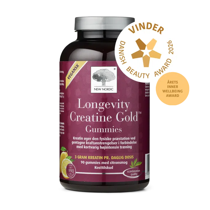 Home 4 New Nordic Longevity Creatine Gold™ Gummies med kreatin, som øger den fysiske præstation ved gentagne kraftanstrengelser i forbindelse med kortvarig højintensiv træning, udmærket med Danish Beauty Award 2026-vinderbadget.